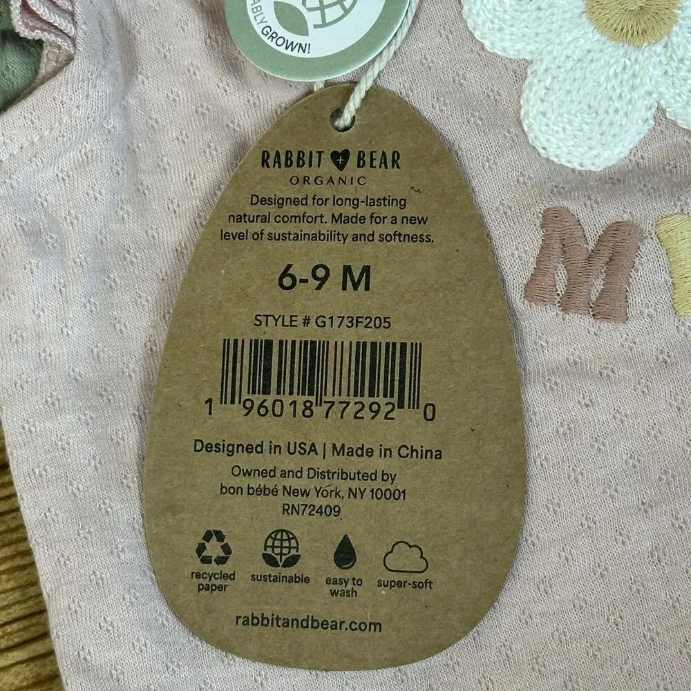 RABBIT+BEAR  Organic Cotton 6-9M Green Floral Pink One Piece Body Suit‎